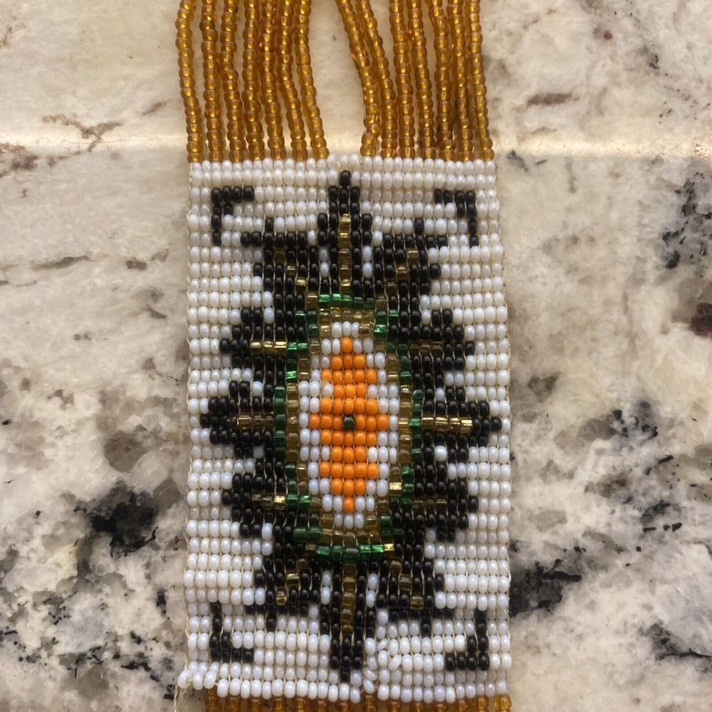 Handmade Vintage Indian Bead necklace with tassel‎ Yellow Black orange green - Picture 6 of 13